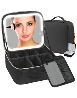 Куфар за грим в черен цвят с LED осветление в три цвята и огледало
