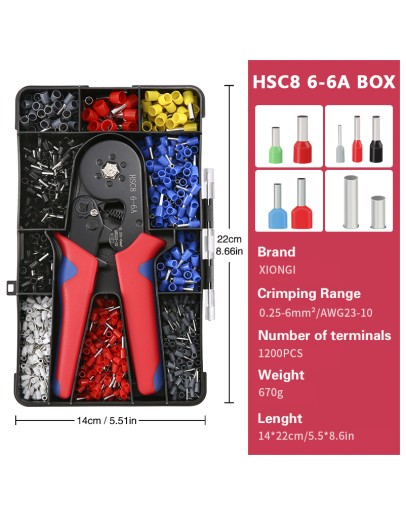 Клещи за кримпване HSC8 6-6A комлект с кутия и 1200 тръбни клеми