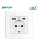 LUX USB Контакт с Бързо Зареждане 20W USB AплюсC, Бял Стъклен Панел
