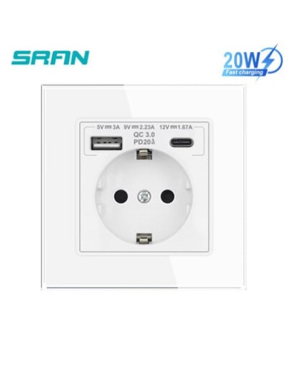 LUX USB Контакт с Бързо Зареждане 20W USB AплюсC, Бял Стъклен Панел