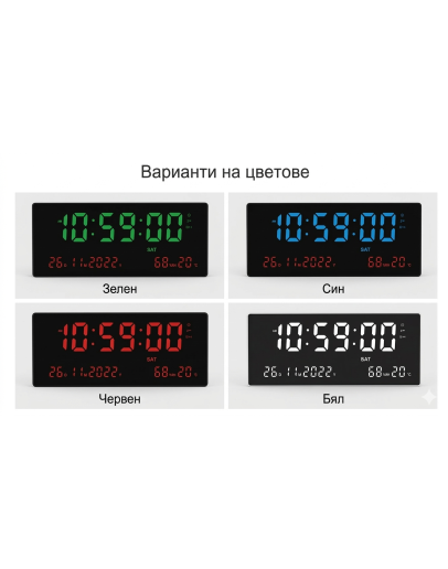 Голям стенен електронен часовник с термометър и дата, светещи цифри