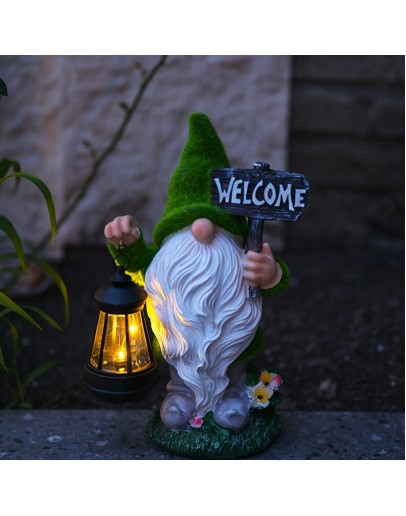 Декоративна фигура джудже със соларно LED осветление и надпис Welcome